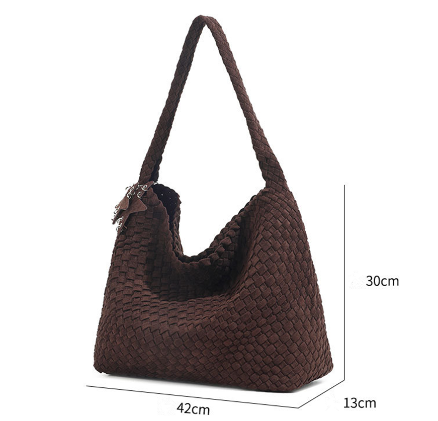 Chocolate Brown Woven Leather Hobo Bag Suede Bag Set with Drawstring Pouch