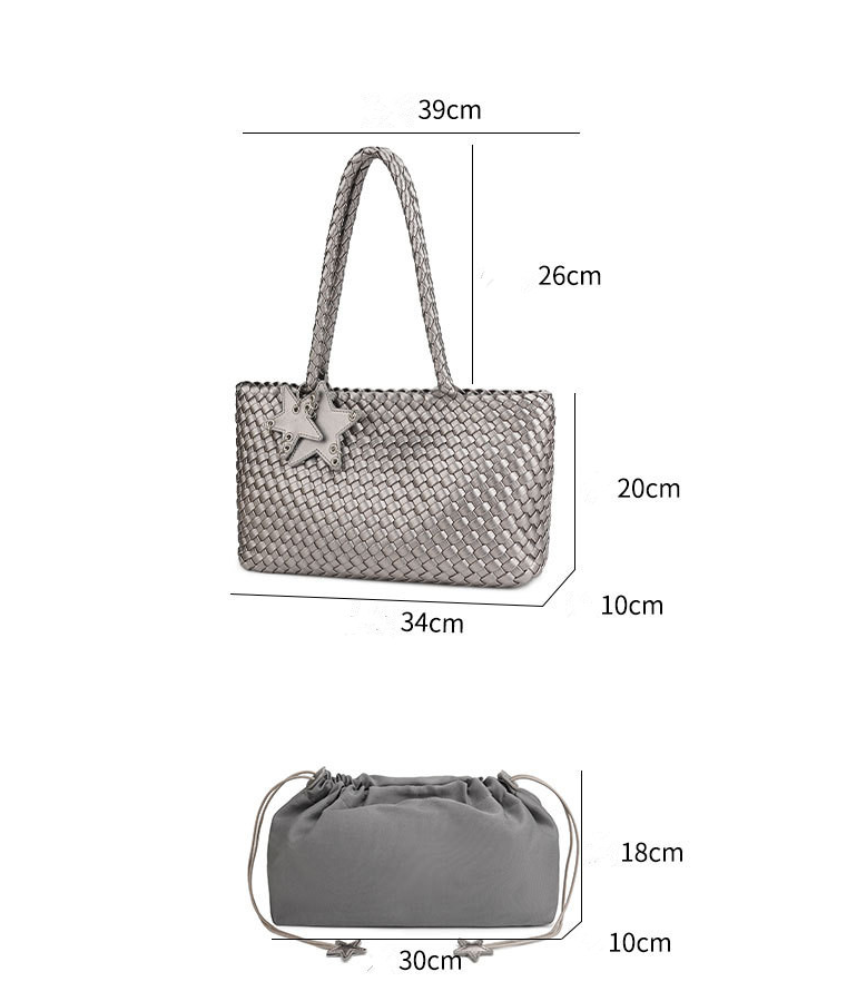DEVA Metallic Silver Woven Leather Tote Bag Set with Star Charm & Pouch