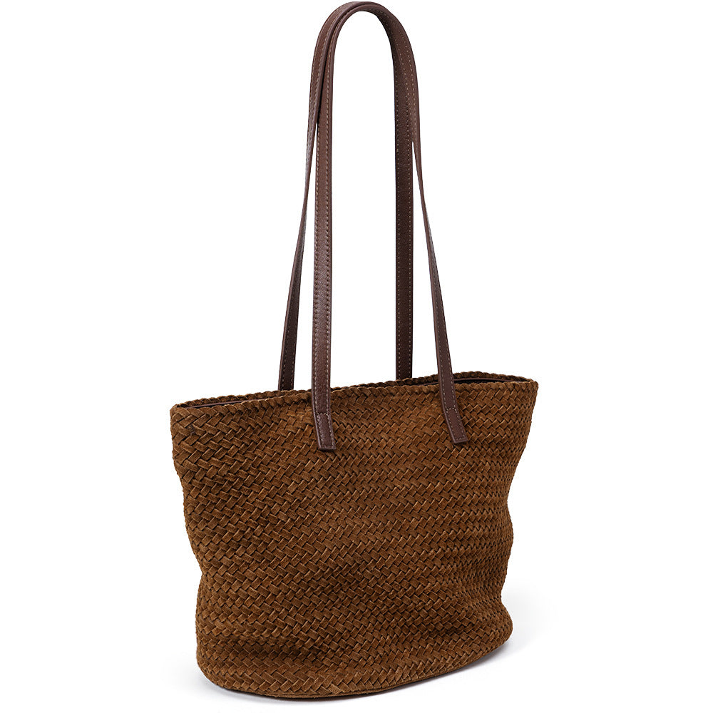 DEVA Handwoven Leather Basket Bag for Women - Suede Shoulder Tote Handbag