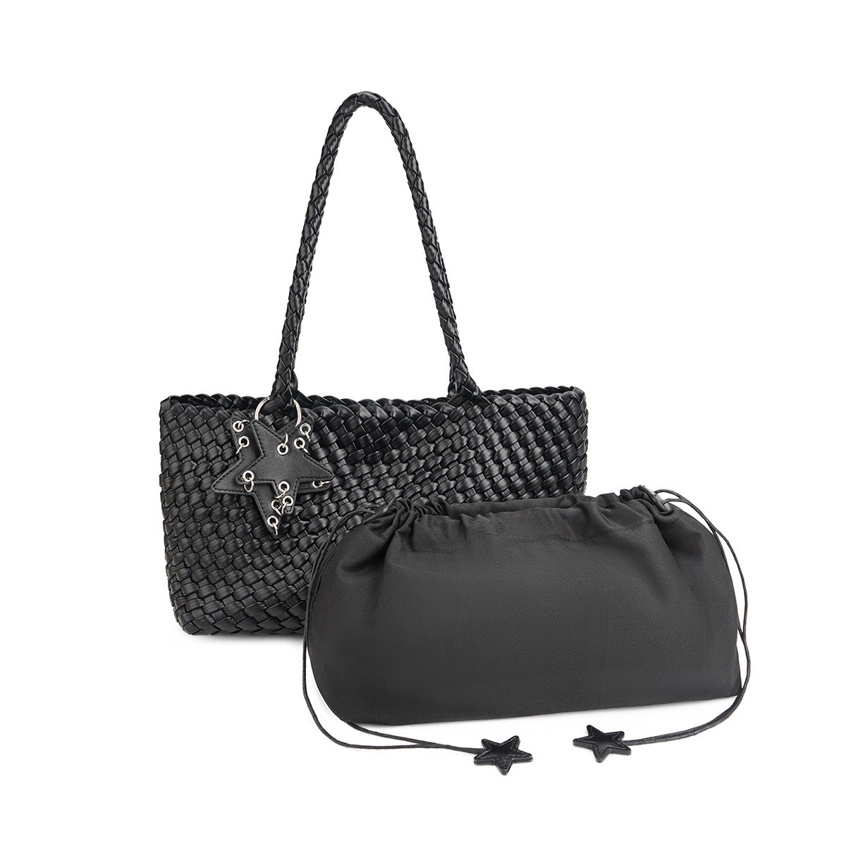 DEVA Metallic Silver Woven Leather Tote Bag Set with Star Charm & Pouch