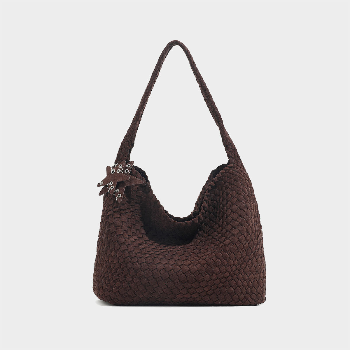 Chocolate Brown Woven Leather Hobo Bag Suede Bag Set with Drawstring Pouch