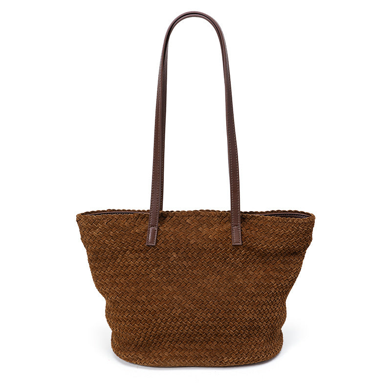 DEVA Handwoven Leather Basket Bag for Women - Suede Shoulder Tote Handbag