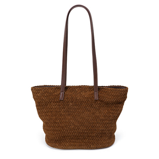 DEVA Handwoven Leather Basket Bag for Women - Suede Shoulder Tote Handbag