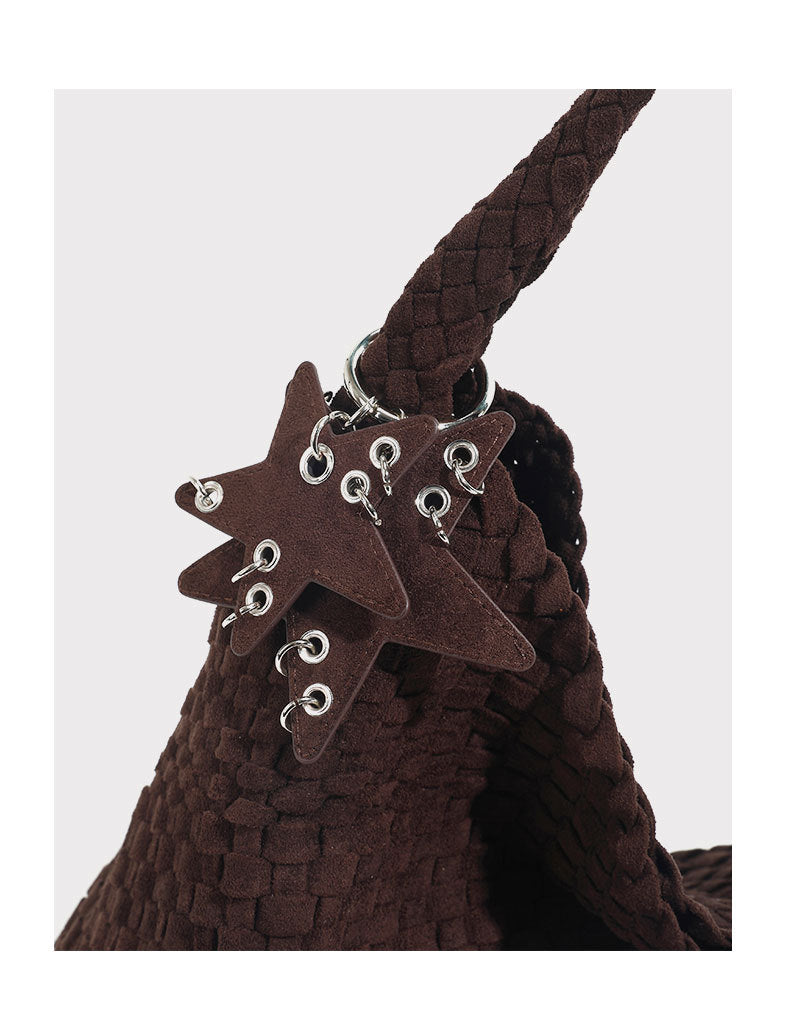 Chocolate Brown Woven Leather Hobo Bag Suede Bag Set with Drawstring Pouch