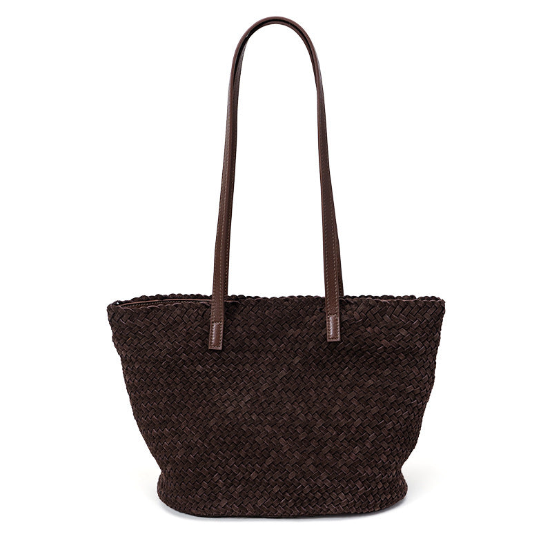 DEVA Handwoven Leather Basket Bag for Women - Suede Shoulder Tote Handbag