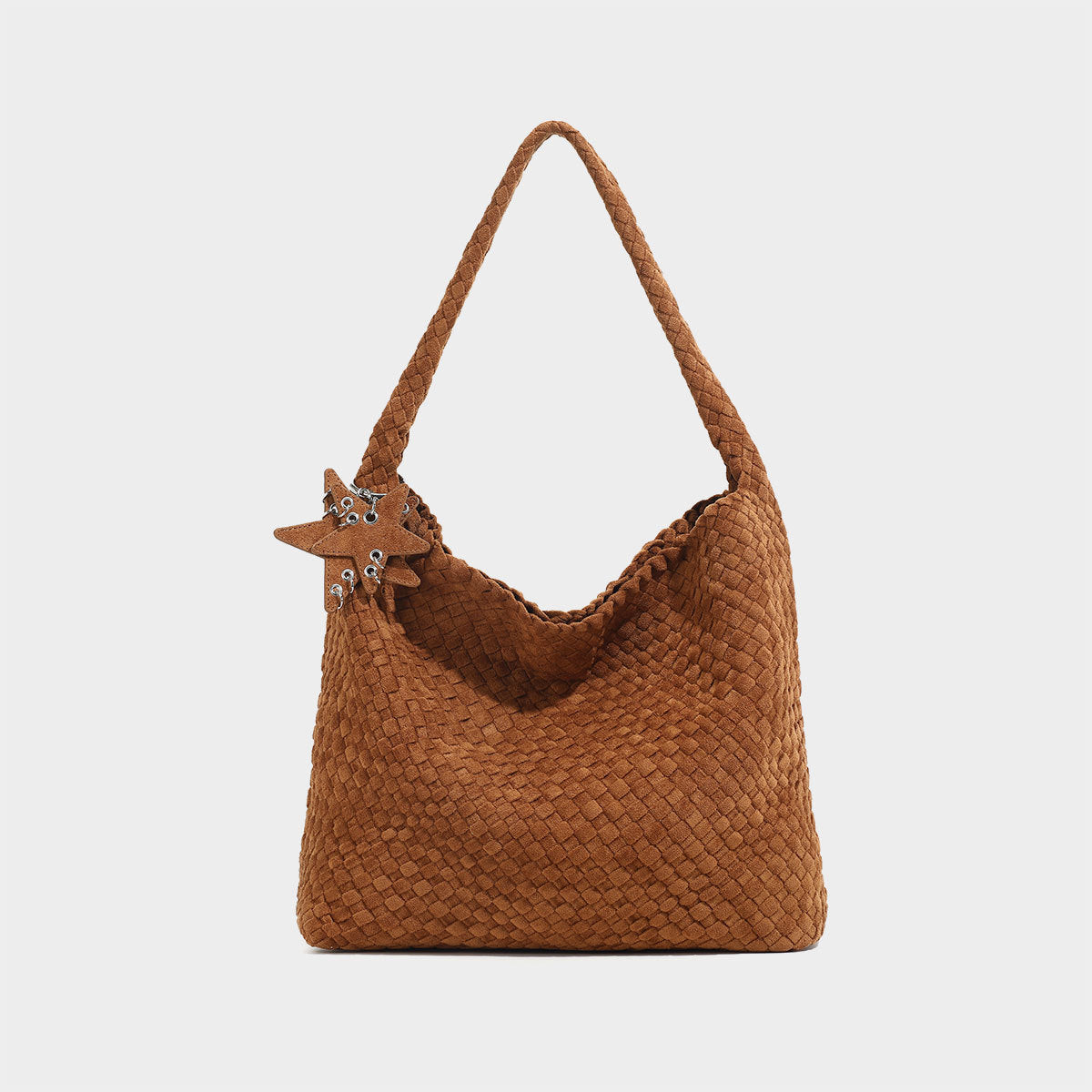 Chocolate Brown Woven Leather Hobo Bag Suede Bag Set with Drawstring Pouch