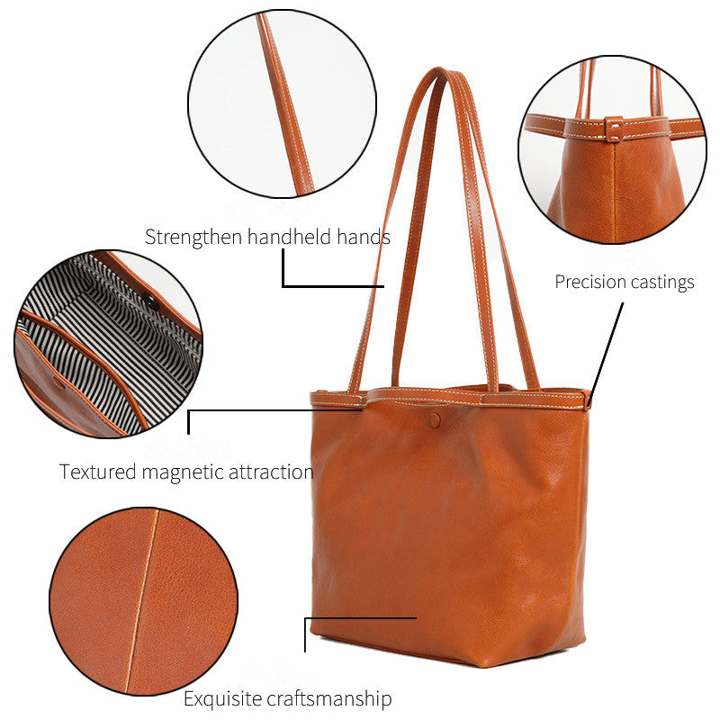DEVA Vegetable Tanned Leather Tote Bag for Women - Large Capacity Shoulder Handbag