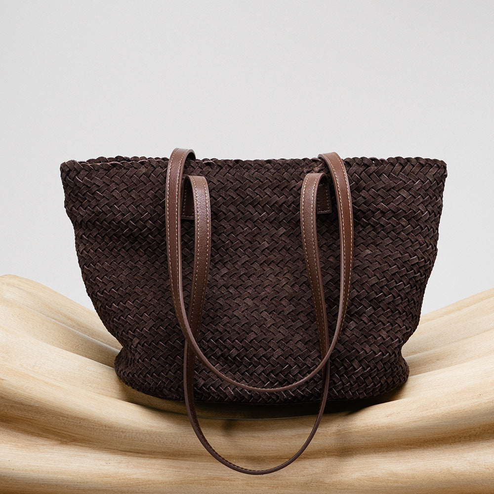 DEVA Handwoven Leather Basket Bag for Women - Suede Shoulder Tote Handbag