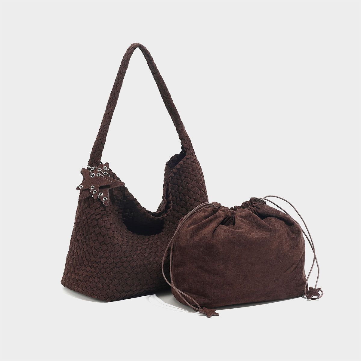 Chocolate Brown Woven Leather Hobo Bag Suede Bag Set with Drawstring Pouch