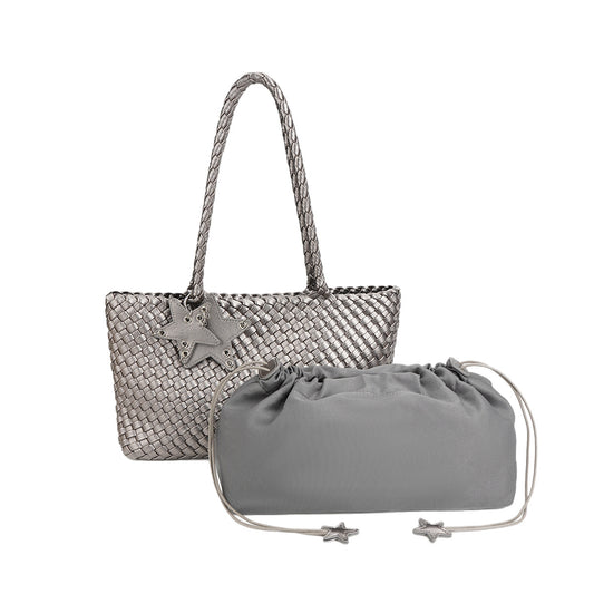 DEVA Metallic Silver Woven Leather Tote Bag Set with Star Charm & Pouch