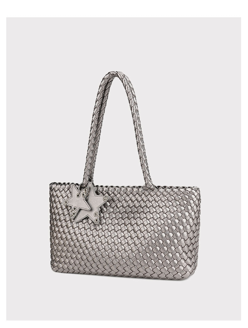 DEVA Metallic Silver Woven Leather Tote Bag Set with Star Charm & Pouch