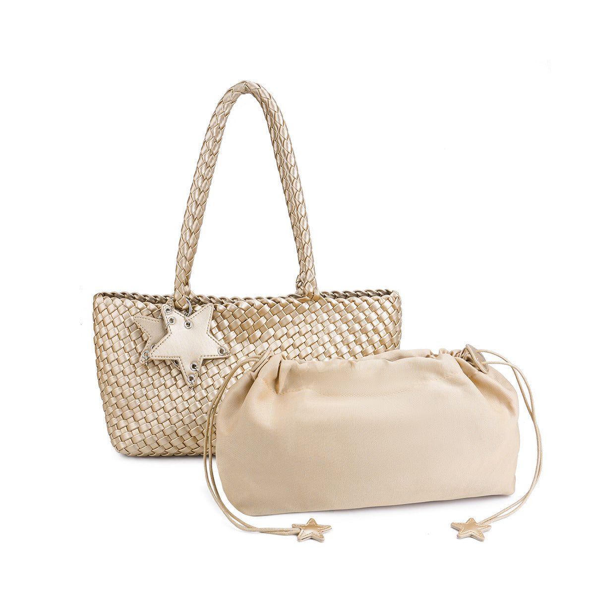 DEVA Metallic Silver Woven Leather Tote Bag Set with Star Charm & Pouch