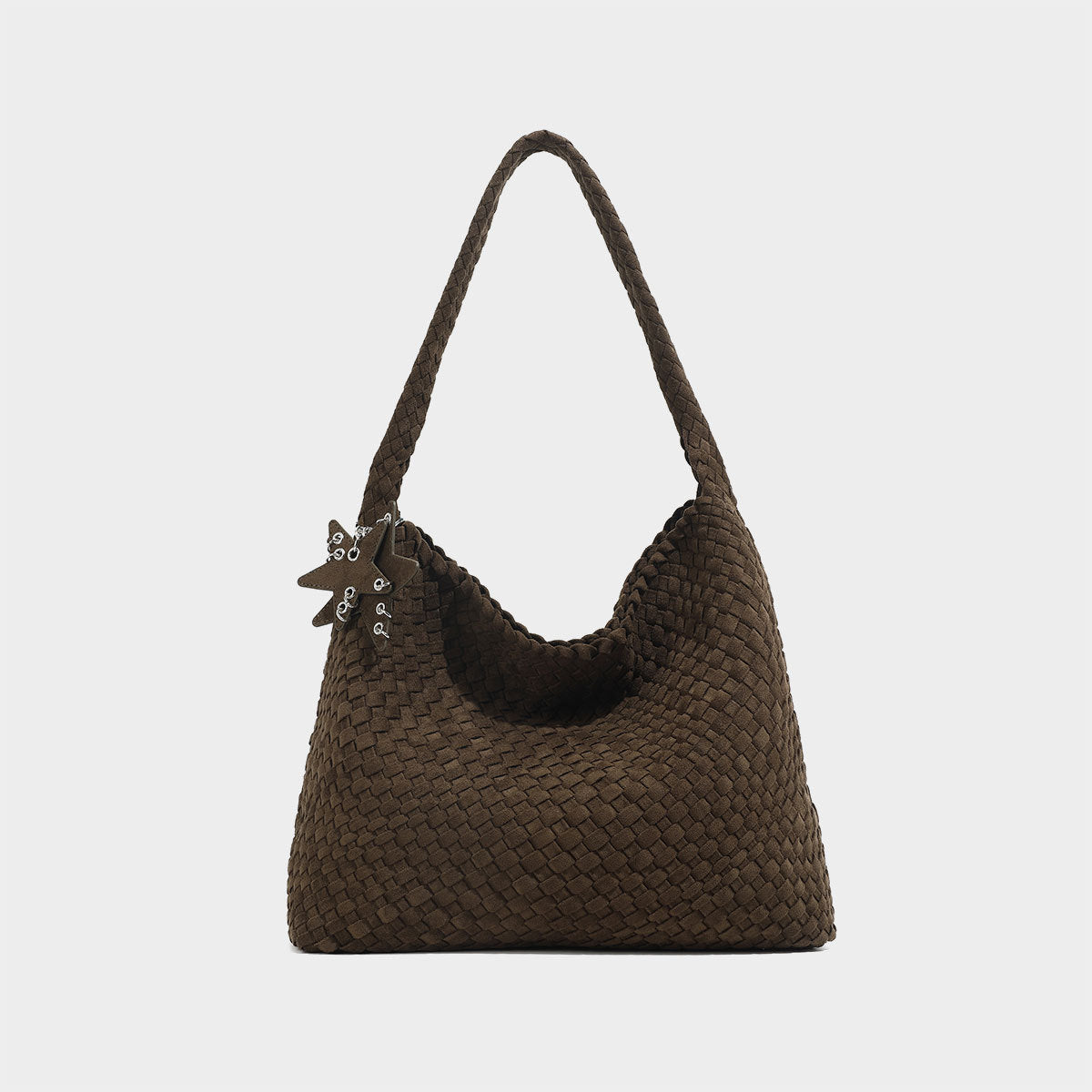 Chocolate Brown Woven Leather Hobo Bag Suede Bag Set with Drawstring Pouch