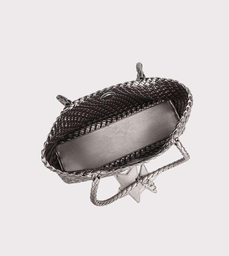 DEVA Metallic Silver Woven Leather Tote Bag Set with Star Charm & Pouch