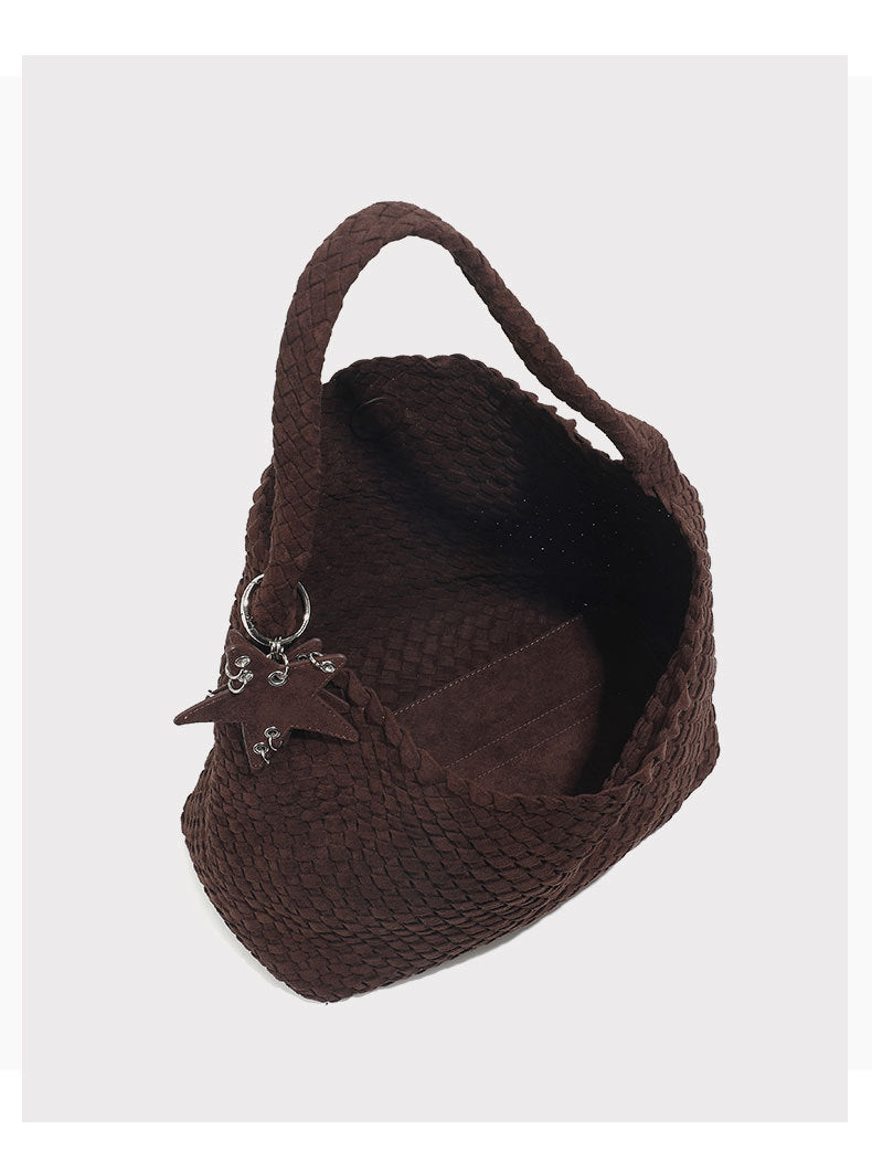 Chocolate Brown Woven Leather Hobo Bag Suede Bag Set with Drawstring Pouch