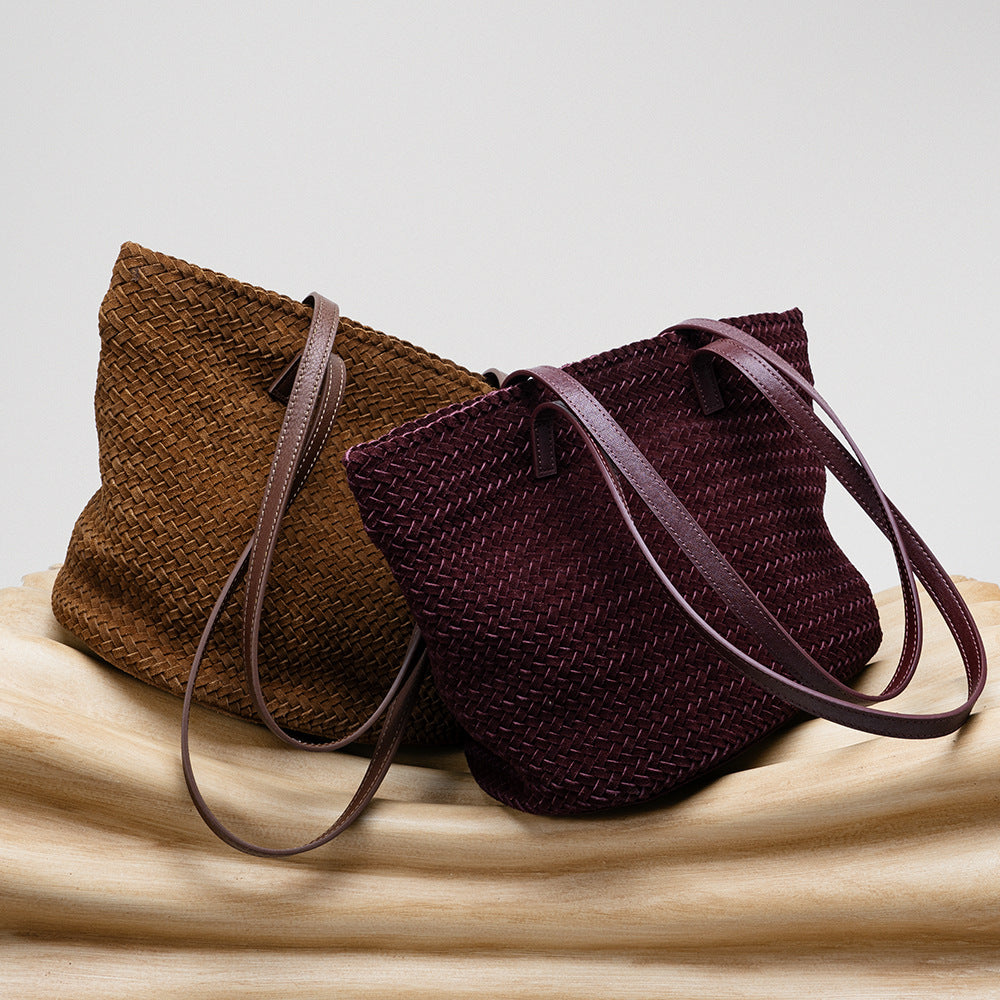 DEVA Handwoven Leather Basket Bag for Women - Suede Shoulder Tote Handbag