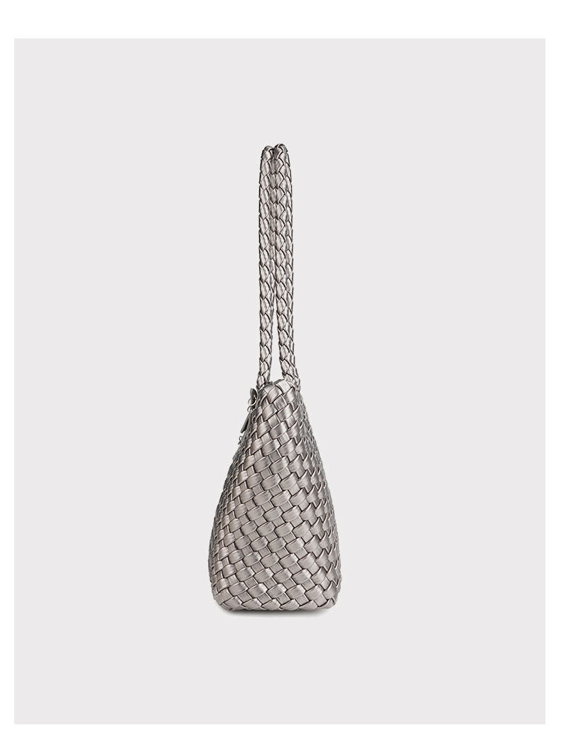 DEVA Metallic Silver Woven Leather Tote Bag Set with Star Charm & Pouch