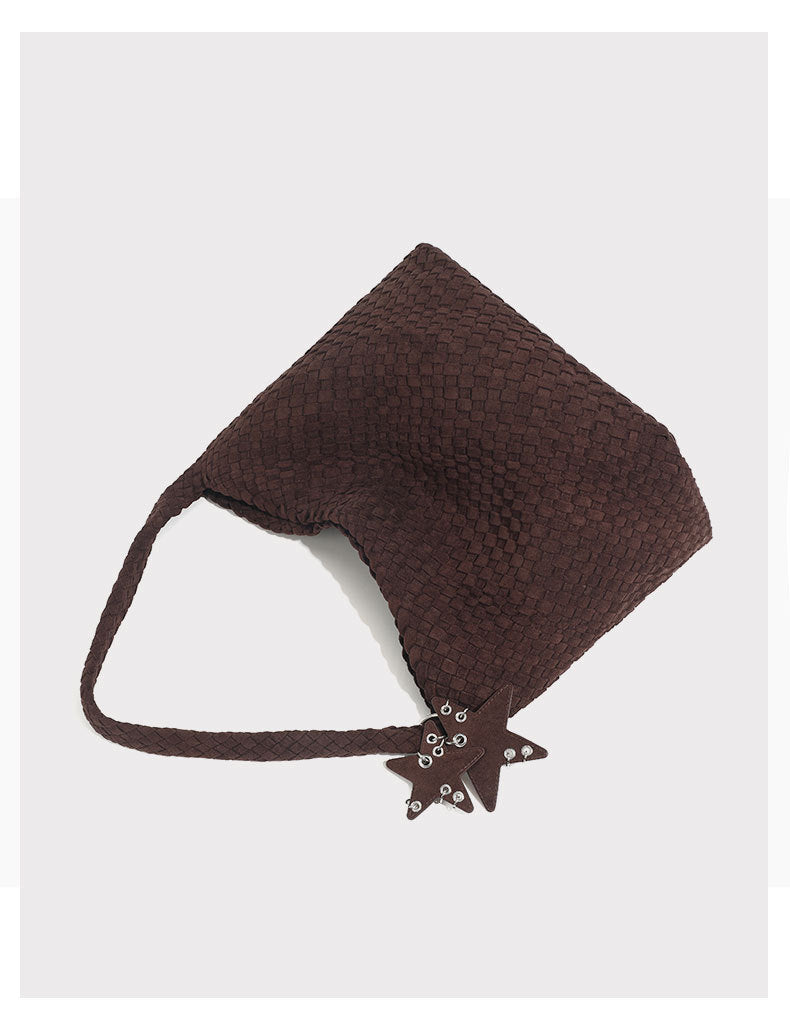 Chocolate Brown Woven Leather Hobo Bag Suede Bag Set with Drawstring Pouch