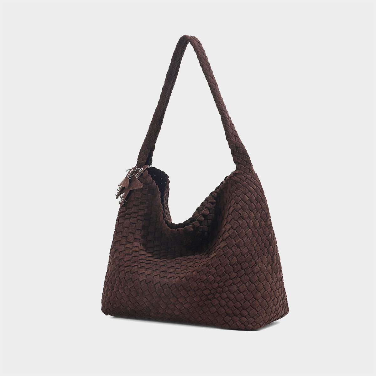 Chocolate Brown Woven Leather Hobo Bag Suede Bag Set with Drawstring Pouch
