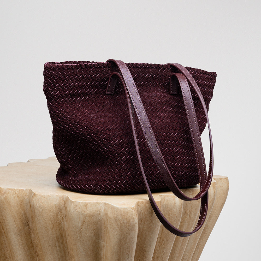 DEVA Handwoven Leather Basket Bag for Women - Suede Shoulder Tote Handbag