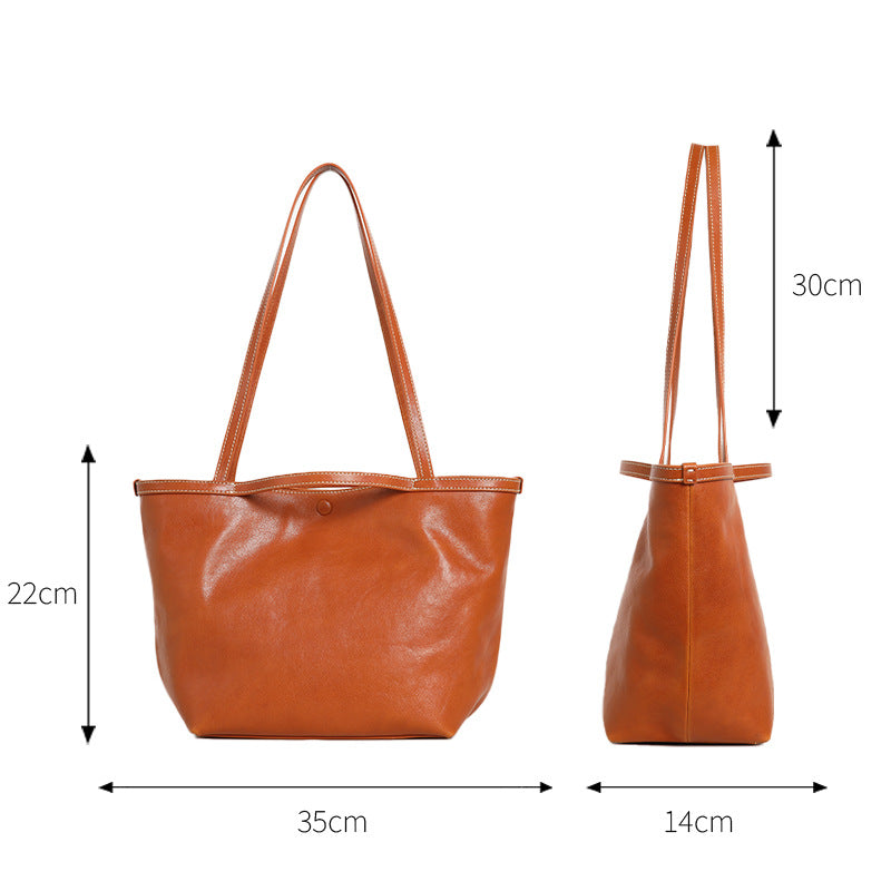 DEVA Vegetable Tanned Leather Tote Bag for Women - Large Capacity Shoulder Handbag