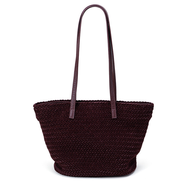 DEVA Handwoven Leather Basket Bag for Women - Suede Shoulder Tote Handbag