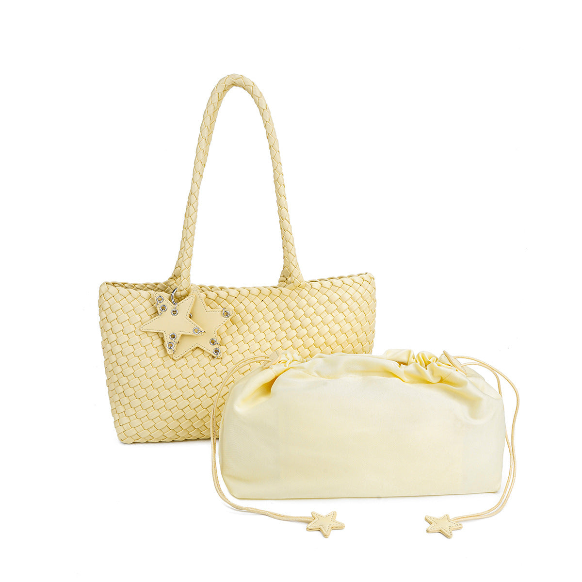 DEVA Metallic Silver Woven Leather Tote Bag Set with Star Charm & Pouch